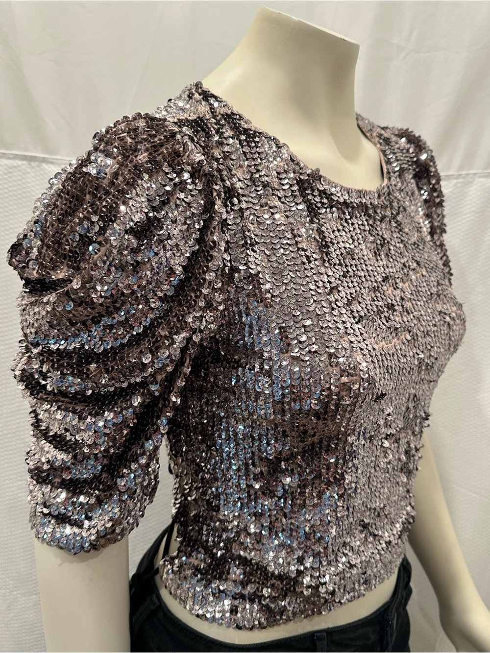Free People Silver Sequin Backless Crop Top with Crisscross Ties
